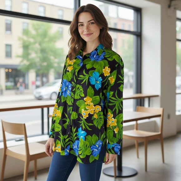 JONES NEW YORK Tropical Floral Blouse Women's 1x Plus Button Tab Sleeve Cotton - Picture 1 of 16